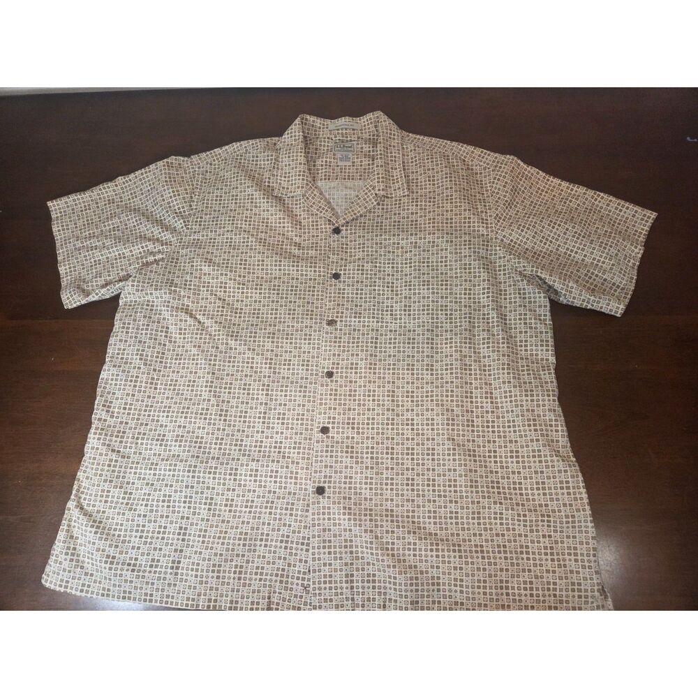 LL Bean Shirt Mens XL Short Sleeve Button Front Cotton Casual Brown Geometric